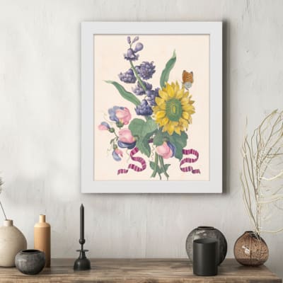 Infidu vintage wall art featuring a vibrant sunflower with soft blue and pink flowers, green leaves, and a delicate butterfly. displayed on the wall art in a black frame