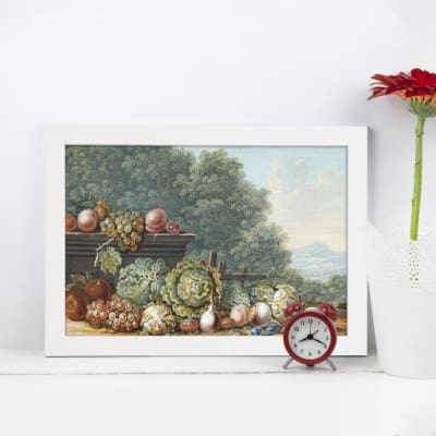 Vintage wall art featuring rustic still-life of fruits, vegetables, and natural colors in earthy tones. Perfect for rustic-style decor. displayed on the wall in a white frame