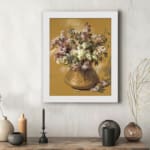 Vintage floral bouquet in a golden vase on a yellow background. displayed on the wall