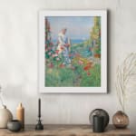 Vintage wall art of a woman in a garden with pastel flowers, ocean view, and soft countryside details. displayed on the wall