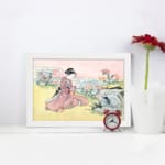 Infidu vintage wall art featuring a graceful Japanese woman in a traditional kimono with intricate patterns and soft colors. displayed on the wall art in a white frame