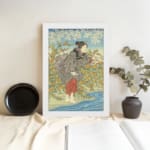 Infidu vintage wall art featuring a Japanese woman in a kimono with intricate details, set against a scenic background of blue sky, flowers, and water. displayed on the wall art in a white frame