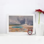Vintage art of hot spring and erupting geyser with cloudy sky. displayed on the wall