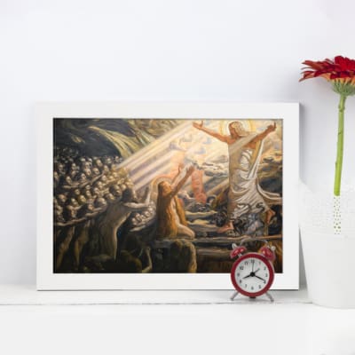 Vintage wall art featuring a spiritual scene with radiant light and bold colors, symbolizing divinity and deep meaning. displayed on the wall in a white frame