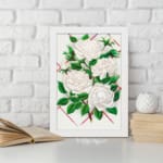 Vintage art of white roses with green leaves and red geometric background, framed for classic elegance. displayed on the wall