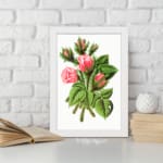 Vintage wall art of soft pink rosebuds with green leaves and stems in a white frame on a white background. displayed on the wall