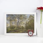 Infidu vintage wall art showing a peaceful forest path in soft green tones with trees, a dirt trail, and a blue sky. displayed on the wall