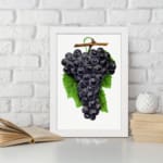 Vintage wall art print of dark purple grapes with green leaves on a white background. displayed on the wall