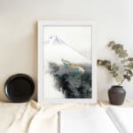 Vintage wall art of colorful dragon and snowy mountain in soft tones. displayed on the wall