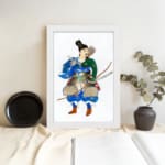 Vintage wall art of a Japanese warrior in colorful armor holding a bow with arrows, set against a white background with a black border. displayed on the wall