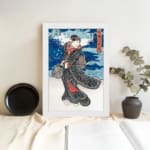 Japanese woman in black kimono with red accents, bold blue sky and red vertical banner in vintage art style. displayed on the wall
