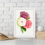 Infidu vintage wall art featuring three large flowers in purple, white, and coral pink with green leaves and a soft watercolor background. displayed on the wall