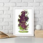 Vintage floral wall art with purple blossoms, yellow centers, and green leaves on a white background. displayed on the wall