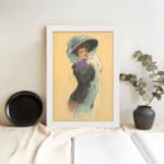 Vintage wall art of an elegant 20th-century lady in a blue hat and dark dress with a white stole on a beige background. displayed on the wall