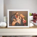 Vintage wall art of Jesus, Mary, and children in a peaceful religious family scene with warm tones and classic style. displayed on the wall