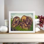 Vintage wall art of a lion family relaxing in a grassy field with earthy tones and a calm, natural background. displayed on the wall