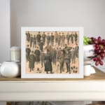 Vintage wall art print featuring classic men’s fashion in suits and hats with a soft beige background. displayed on the wall