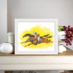 Vintage horse racing wall art with two galloping horses and jockeys on a bold yellow background. displayed on the wall