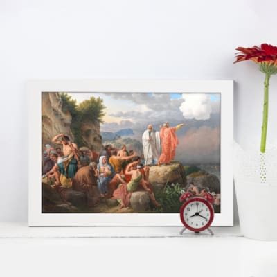 Infidu vintage wall art featuring a classical historical scene with figures in period attire set against a rocky landscape and a partly cloudy sky. displayed on the wall art in a white frame