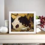 Vintage wall art of mother bear and cubs walking through snowy forest in warm earthy tones. displayed on the wall