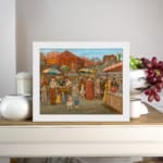 Lively vintage market scene with colorful umbrellas, people, and warm earthy tones in a nostalgic old-town setting. displayed on the wall