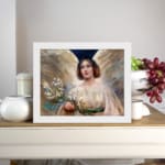 Infidu Serene Angelic Woman vintage wall art print showing a peaceful woman in a white gown with flowers and glowing background. displayed on the wall