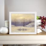Serene winter landscape with snowy trees and soft sky in vintage art style. displayed on the wall