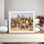 Vintage wall art of cowboys and Native Americans in a desert scene with warm earthy colors and a painterly style. displayed on the wall