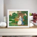 Vintage wall art of a woman in a white dress with flowers, set in a peaceful countryside scene with trees and a distant structure. displayed on the wall