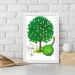 Vintage botanical illustration of a green tree with white blossoms and a spiky fruit on a white background. displayed on the wall