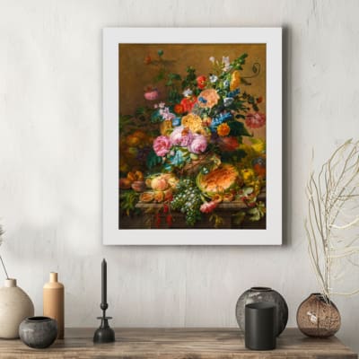 Infidu Still Life Vintage Wall Art featuring vibrant flowers and fruits in a classic arrangement with a warm, dark background. hung on the wall in a white frame