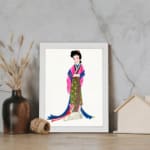 Vintage art of a graceful woman in colorful traditional clothing with flowing ribbons. displayed on the wall