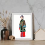 Vintage wall art of a cultural figure wearing a brown robe with green and blue details, red pants, and a plain white background. displayed on the wall