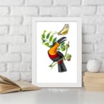 Colorful bird on a leafy branch with a yellow butterfly – vintage wall art with a vibrant nature scene displayed on the wall