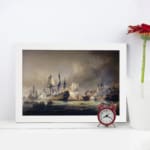 Vintage naval battle wall art showing ships in combat on stormy seas with dramatic smoke and cannon fire. displayed on the wall