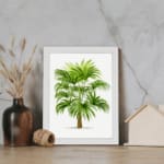 Infidu Vintage Wall Art of a lush tropical plant with green leaves and a brown trunk, framed in white, set against a clean white background. displayed on the wall