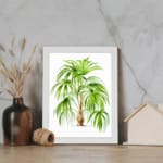 Vintage wall art of a tropical plant with long green leaves and a light brown trunk on a white background with a white frame. displayed on the wall