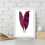 Vintage wall art featuring two red and purple leaves with a white background and white frame. displayed on the wall
