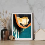 Vintage Japanese shrimp illustration on teal background with orange branch displayed on the wall in a white frame