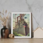 Vintage battleship with American flags sailing through choppy waters, framed in white. displayed on the wall