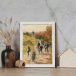 Vintage wall art of people cycling through the countryside with autumn trees and a blue sky, framed in white. displayed on the wall