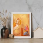 Vintage wall art of an angel and praying woman with glowing light and warm cloudy sky background. displayed on the wall