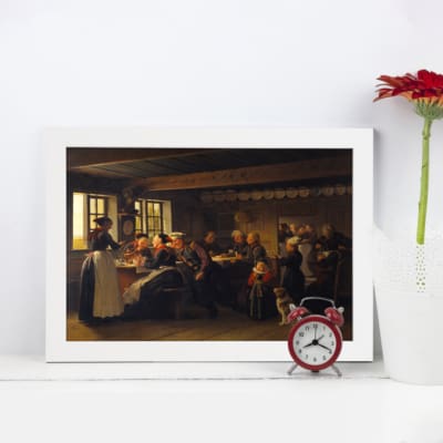 Rustic indoor dining scene vintage wall art featuring people in a cozy dining room with warm lighting, wooden beams, and traditional furniture. displayed on the wall in a white frame