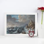 Vintage wall art of a dramatic ocean storm with waves, rocky cliffs, and a stone tower. displayed on the wall