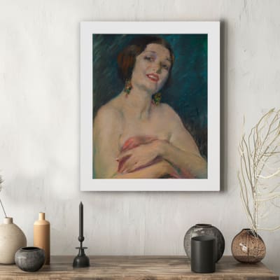 Vintage wall art featuring a portrait of an elegant woman with short hair and earrings, set against a bluish background, ideal for vintage decor. hung on the wall in a white frame