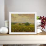 Infidu vintage countryside wall art with rolling hills and open fields in warm, earthy tones. displayed on the wall