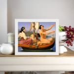 Vintage wall art of an elegant boat scene with people, floral details, and calm water. displayed on the wall