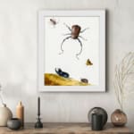 Infidu vintage wall art featuring detailed insects, including a beetle, butterfly, and smaller bugs, set against an off-white background with a touch of wild landscape. displayed on the wall art in a white frame