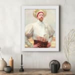 Vintage wall art of a gentleman in classic attire with pastel tones. displayed on the wall