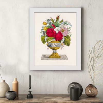 Infidu vintage wall art featuring a colorful floral arrangement in an elegant vase against a white background. displayed on the wall art in a white frame